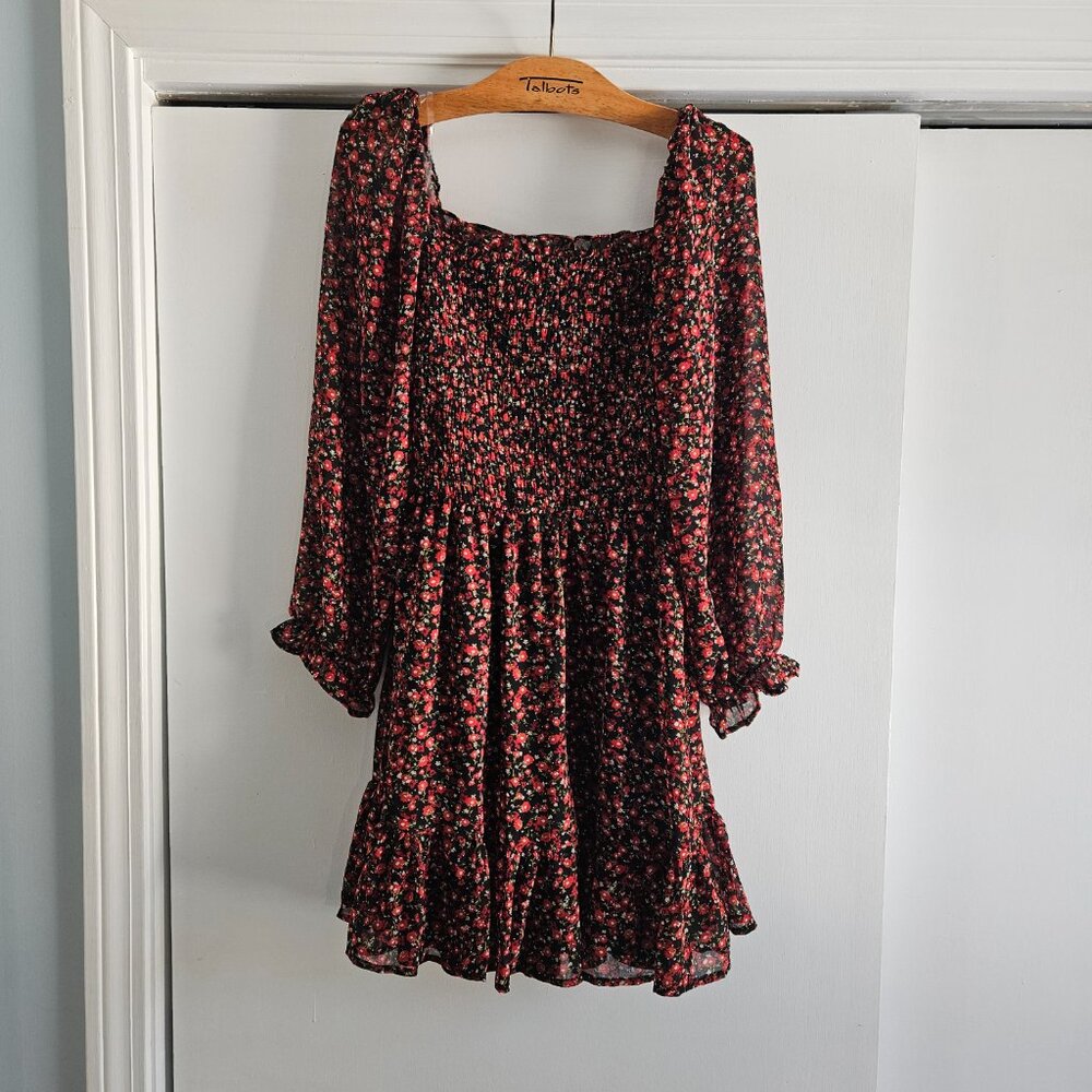 Lily Rose Smocked Black Red Floral Small Mini Dress - Picture 6 of 12